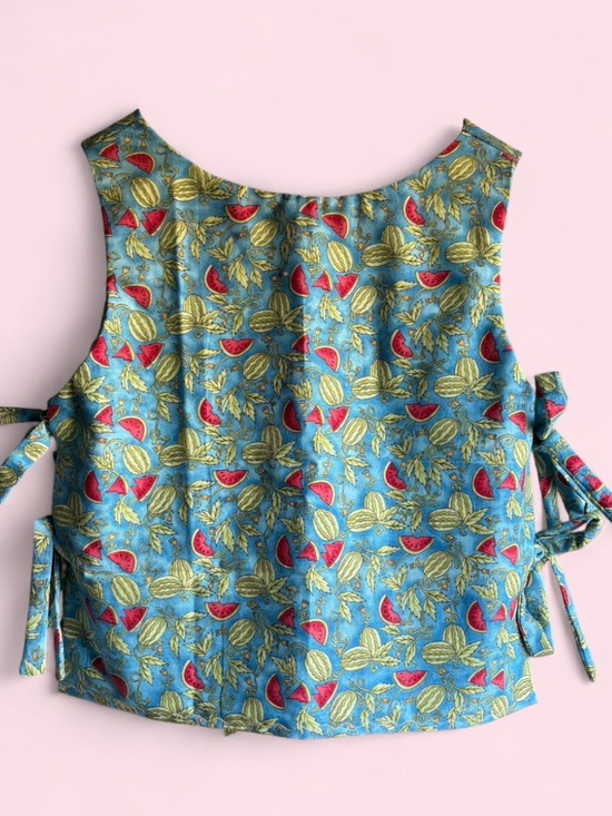 Handmade Tops - Blue Watermelon Print Tie-Side Tank Top